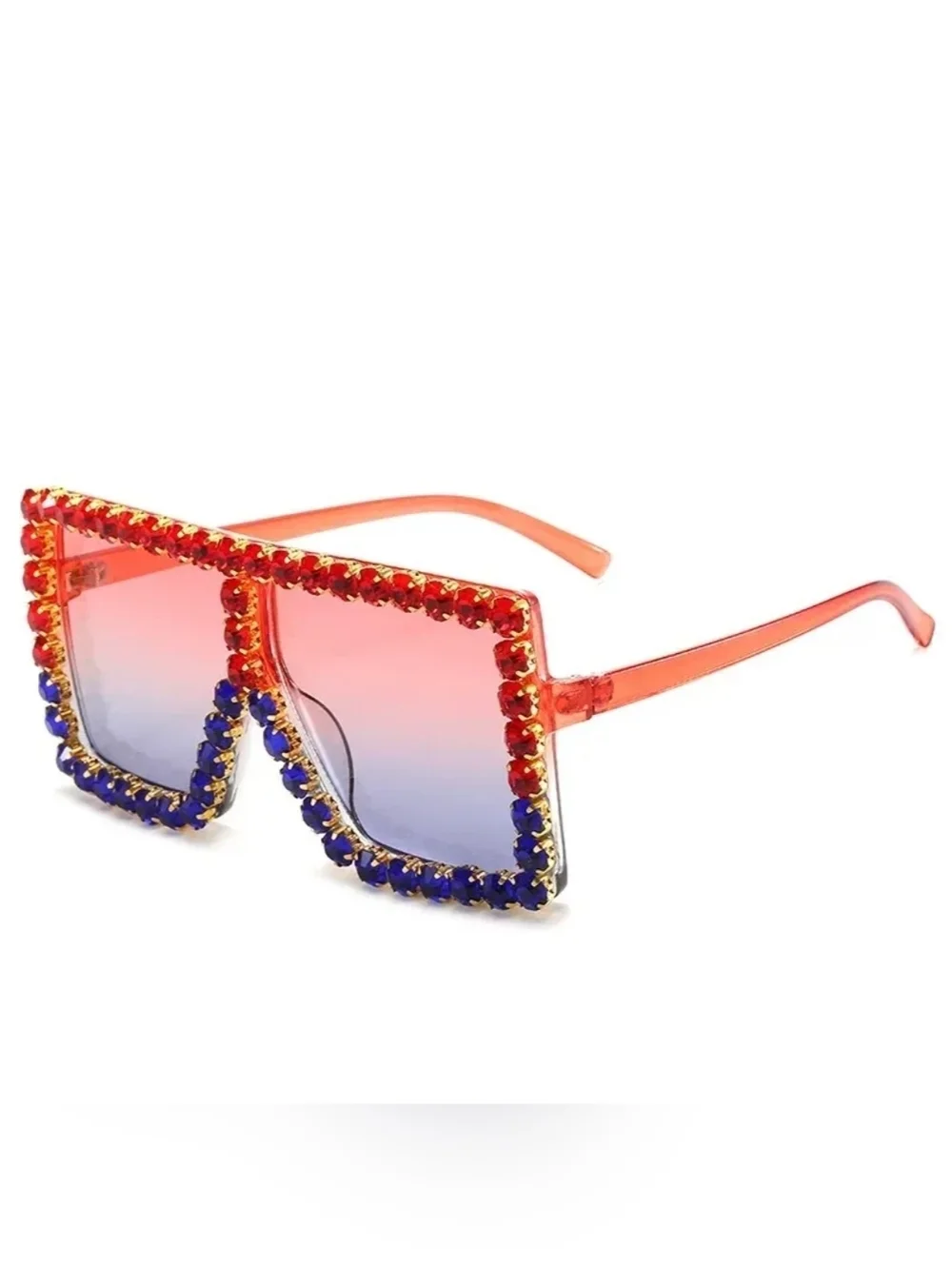 Unisex Crystal Embellished Red & Blue Oversized Square Sunglasses